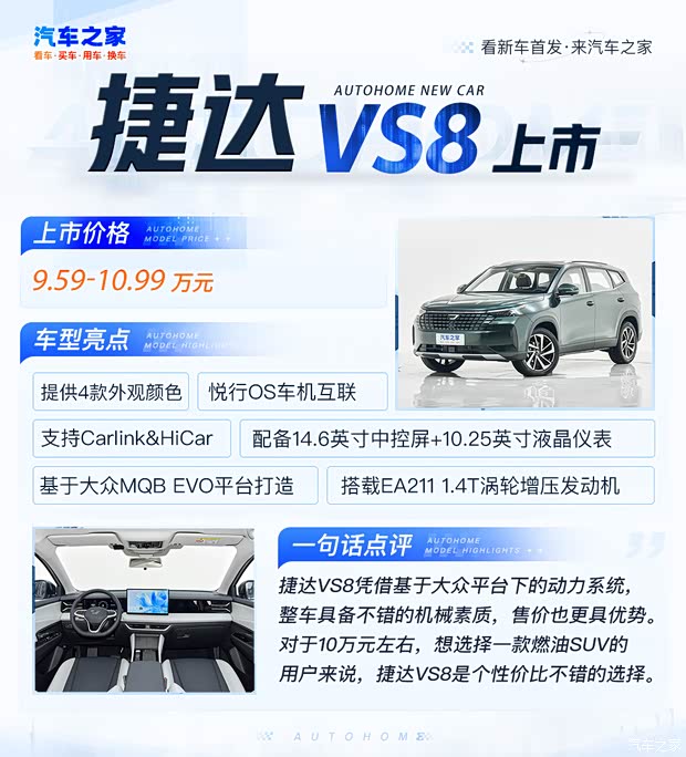 售9.59万起 科技外观/家庭中型SUV新选择 捷达VS8正式上市